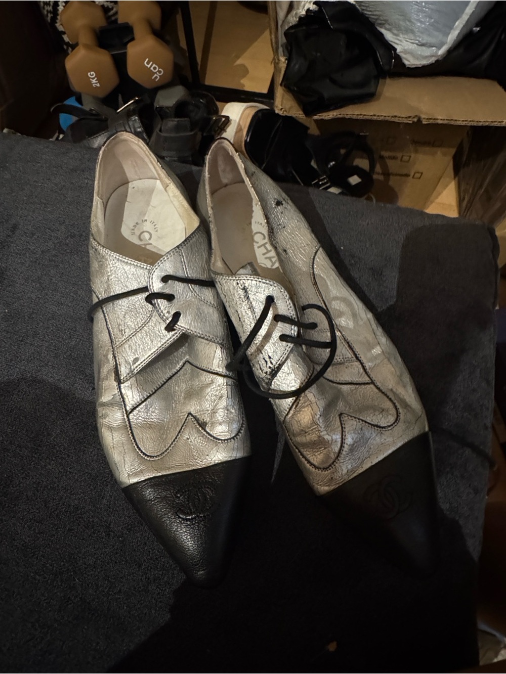 CHANEL Silver Leather Pointed Lace-Up Flats with Black Toe Caps